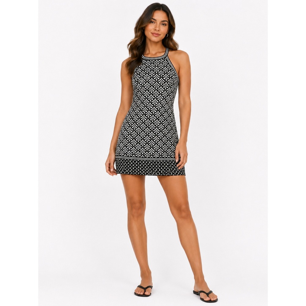 Max Studio Women Black White Geometric Halter T-Back Shift Dress Size S‎